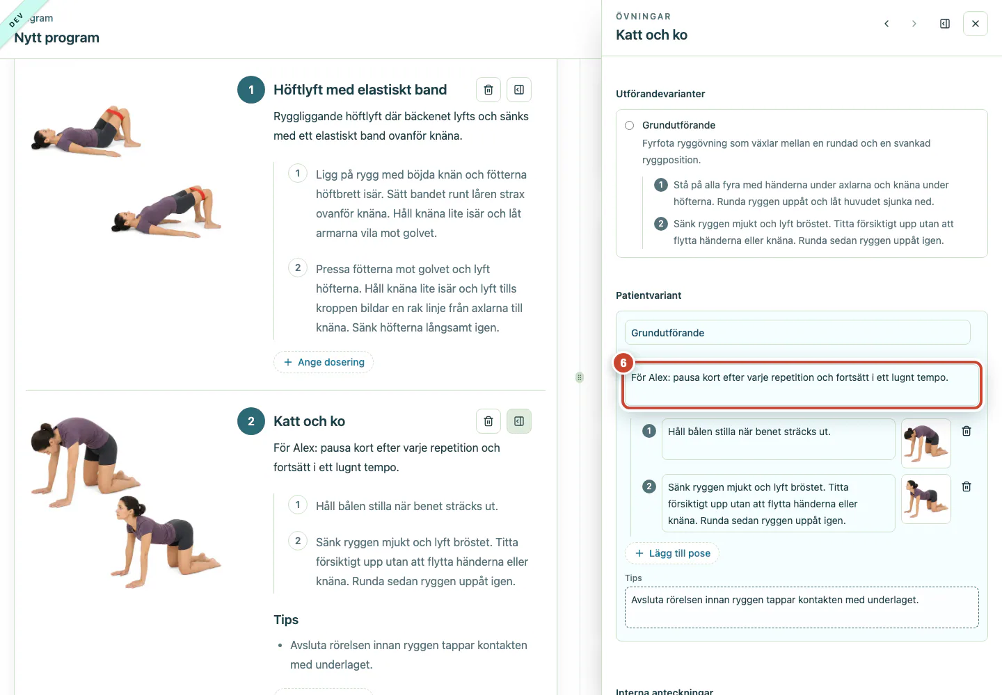 Programmallens variantredigerare med anpassad instruktion, poseinstruktion och tips.