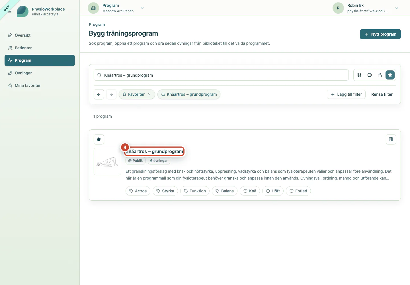 Den favoritmarkerade programmallen i den filtrerade resultatlistan.
