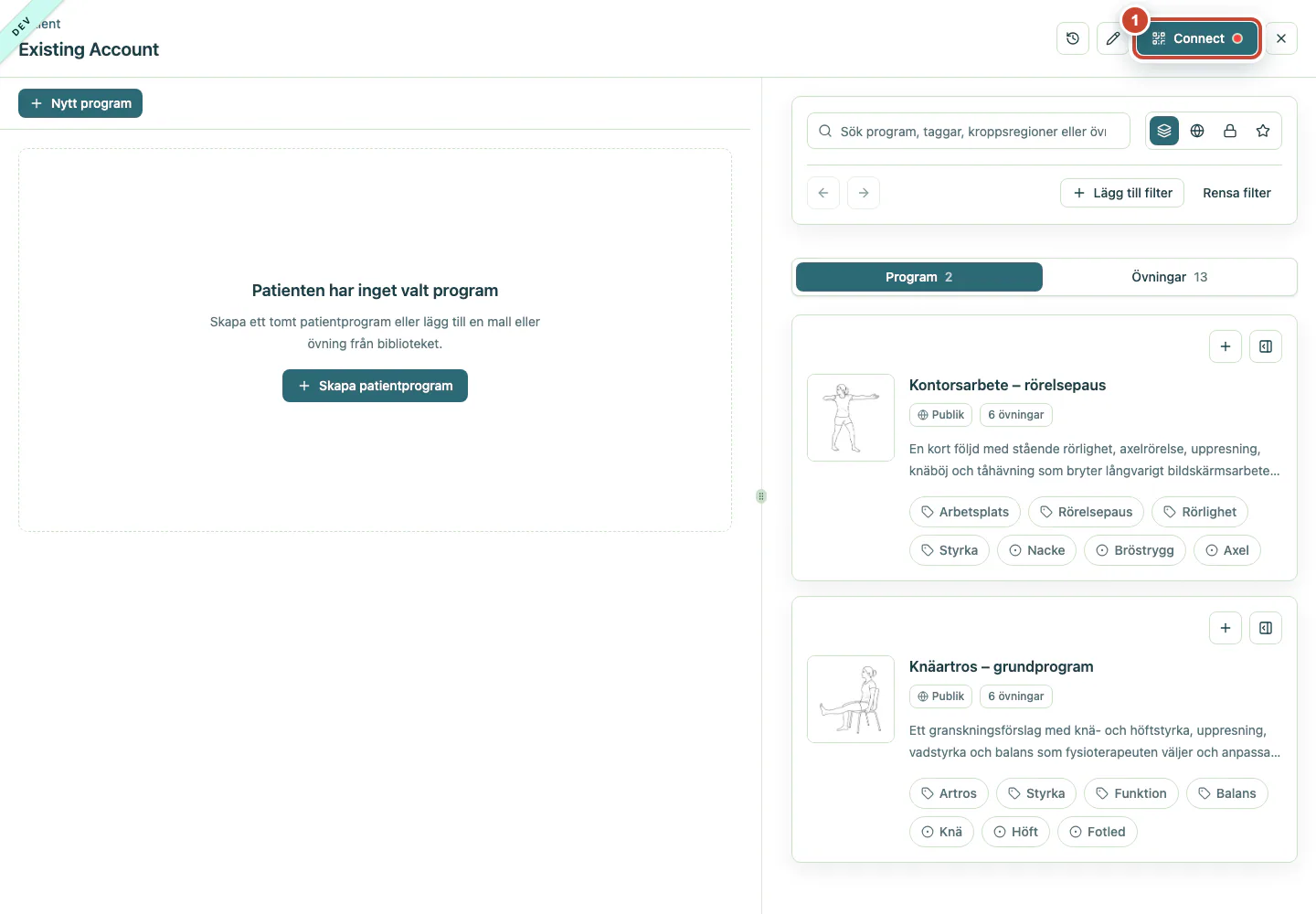 Patientens arbetsyta med knappen Connect markerad.
