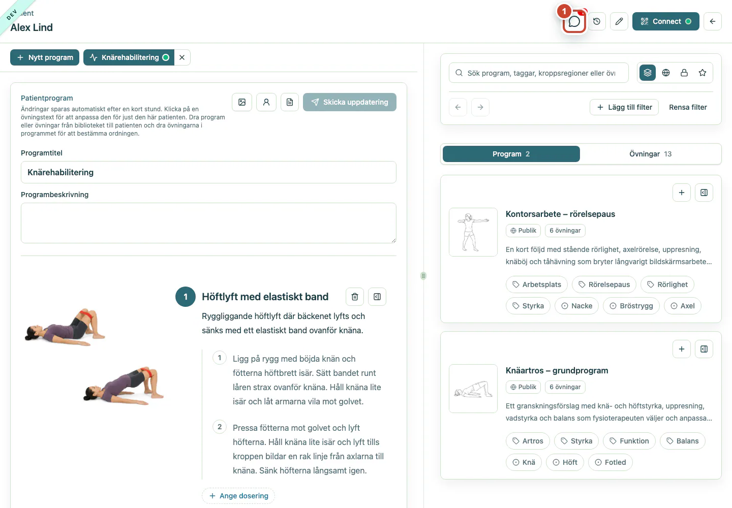 Patientprogrammet med den olästa knappen Meddelanden markerad.