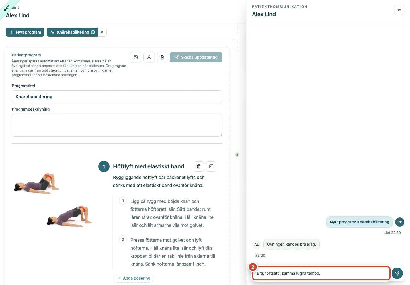 Patientkonversationen med ett behandlarsvar inskrivet.