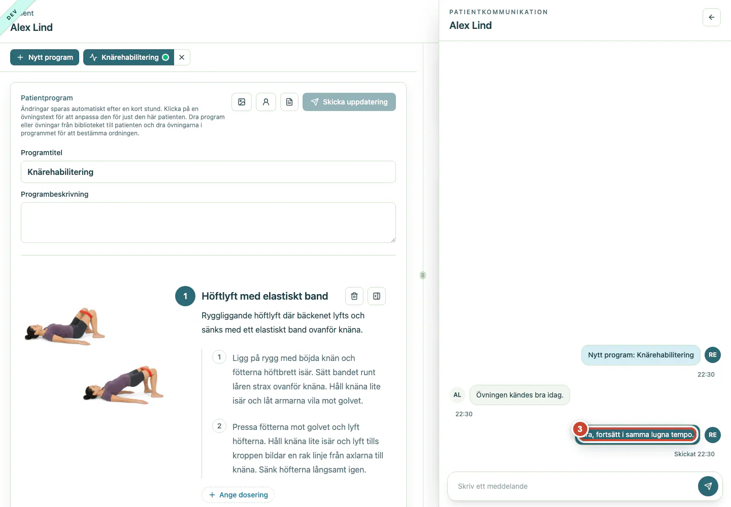 Patientkonversationen med behandlarens skickade svar.