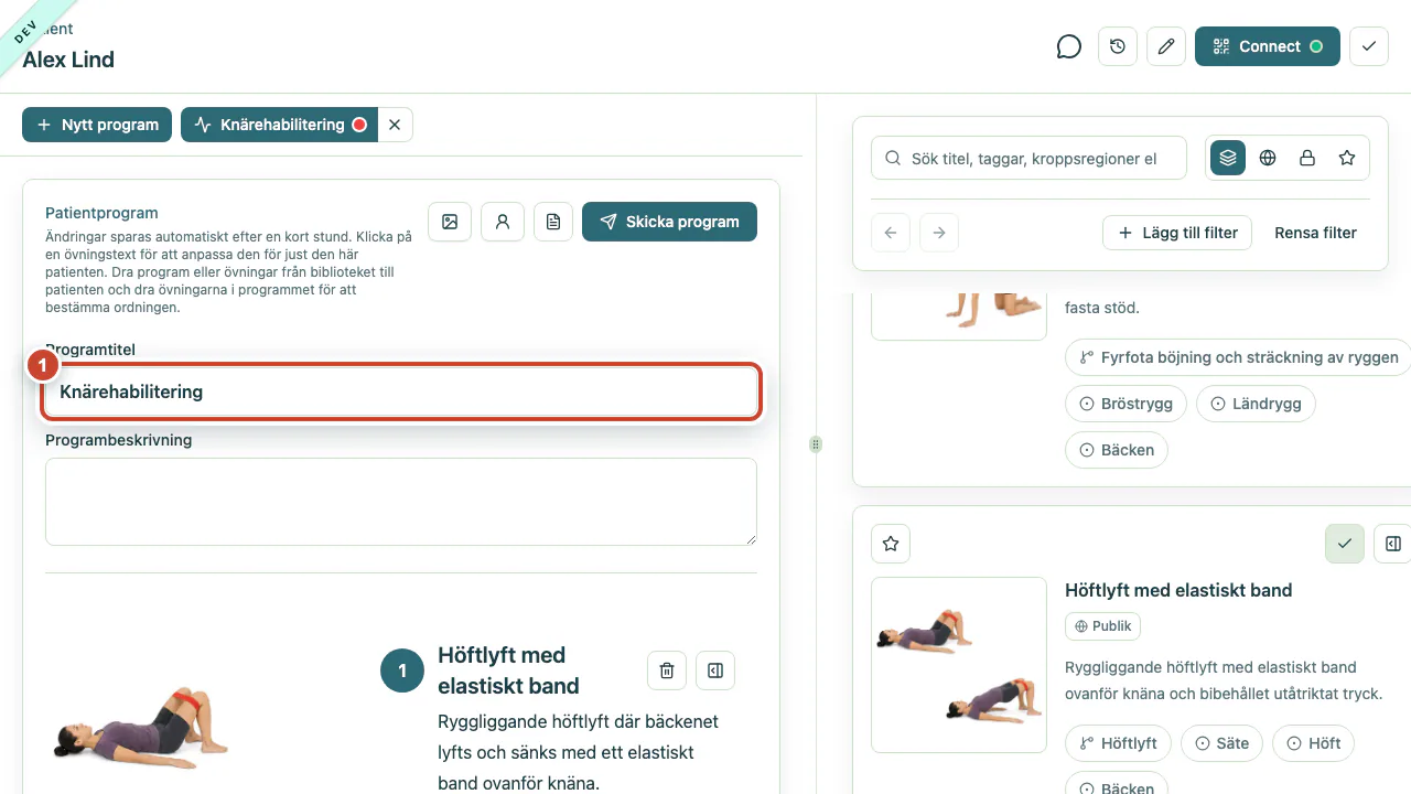 Patientprogrammet med titel och övningar färdigt för leverans.