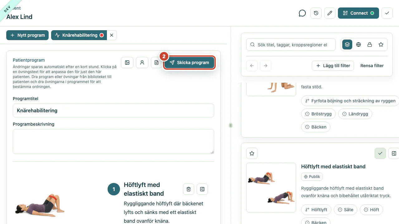 Programarbetsytan med knappen Skicka program markerad.